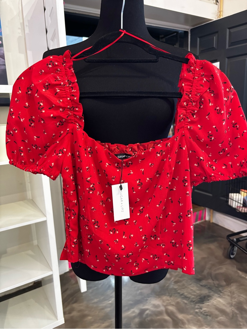 Sugarlips Red Floral Puff-Sleeve Square Neck Blouse